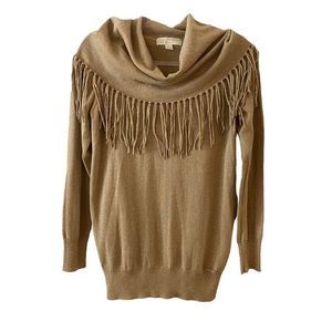 Michael Kors gold metallic cowl neck long sleeved sweater with fringe